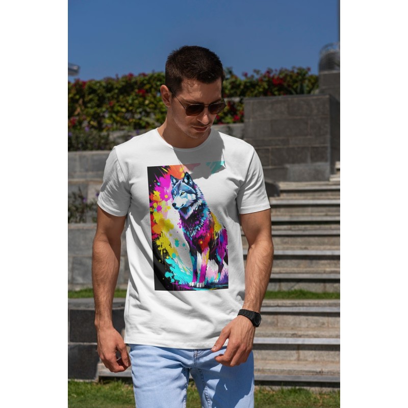 White t-shirt with colorful dog print with paint splashes